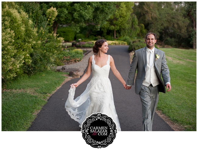 Romantic bride and groom walking