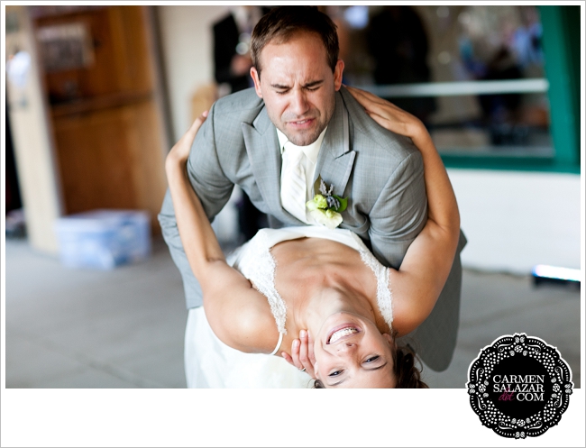 Playful newlywed dip photo