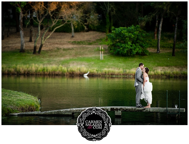 Beautiful lake pier newlywed portraits