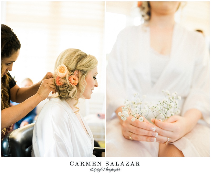 bridal hair with flowers roses and babies breath