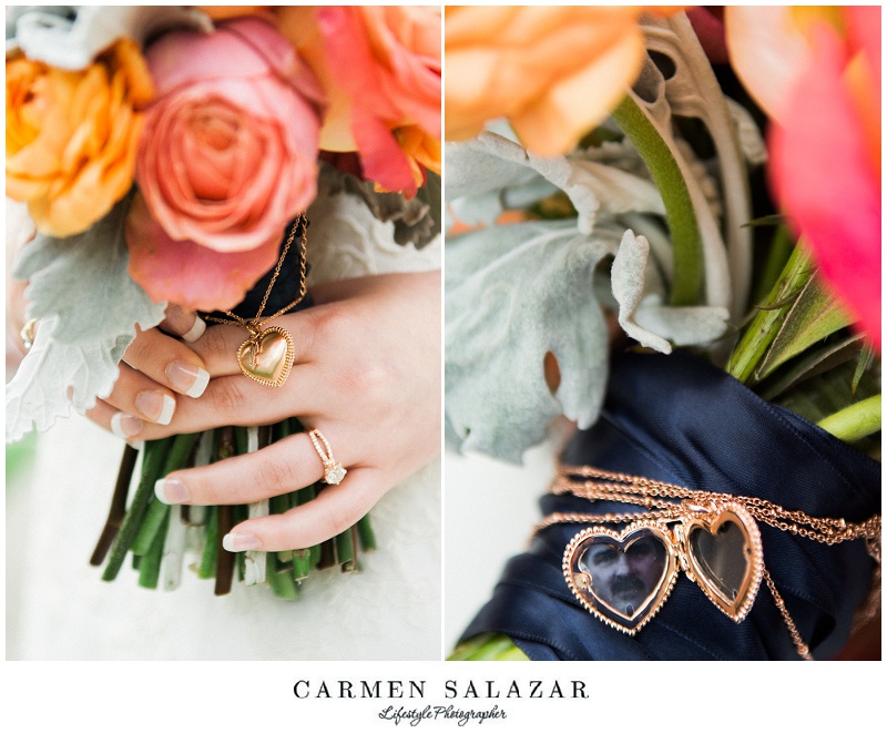 The Petal Company wedding bouquet detail with locket of father of bride photo