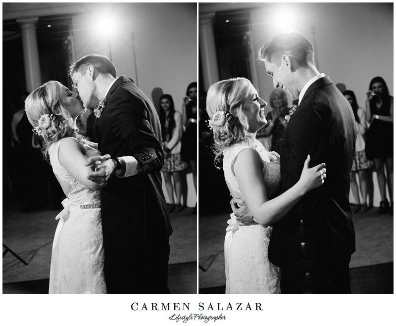 black and white photo of the bride and groom and the first dance at the reception