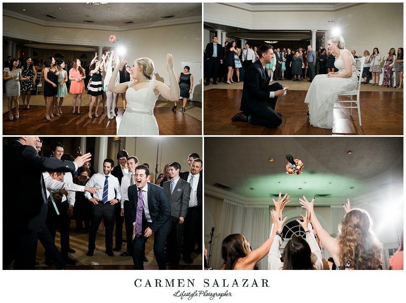 the bride tosses her bouquet and the groom tosses the garter photo