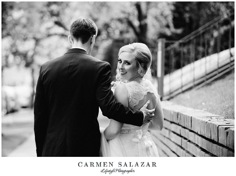 Happy Black and white photo of bride and groom