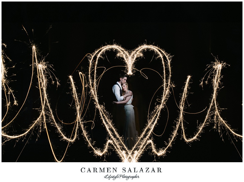creative sparkler photo of a bride and groom at night