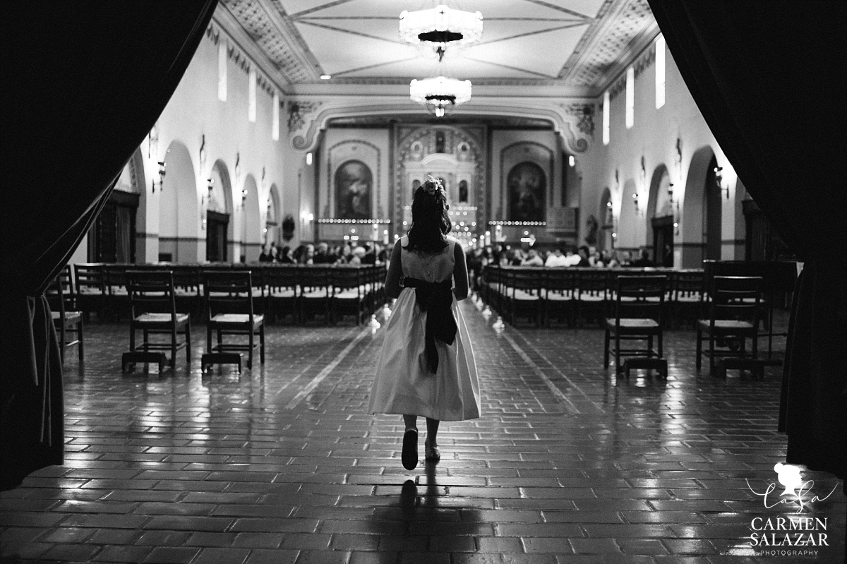 Flowergirl walking down Santa Clara Mission aisle - Carmen Salazar Flowergirl walking down Santa Clara Mission aisle - Carmen Salazar