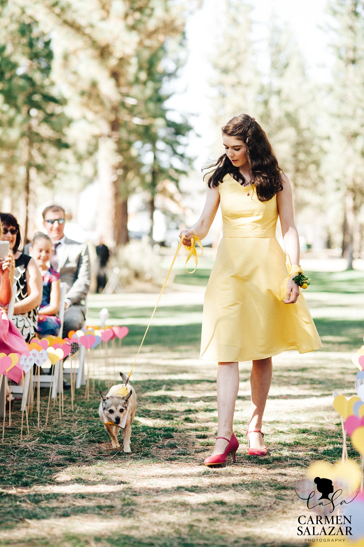 Bright junior bridesmaid walking dog down wedding aisle - Carmen Salazar Bright junior bridesmaid walking dog down wedding aisle - Carmen Salazar
