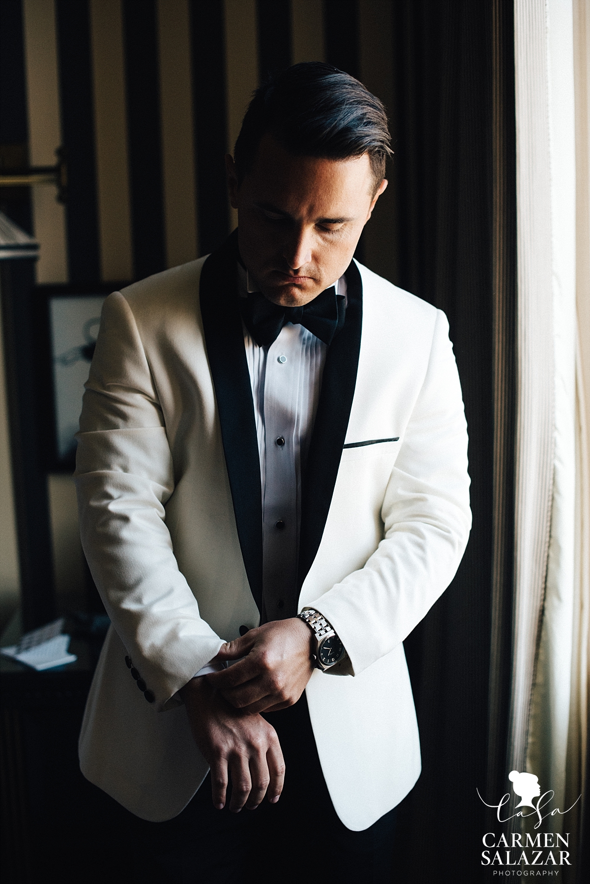 Dapper white tuxedo groom style - Carmen Salazar Dapper white tuxedo groom style - Carmen Salazar