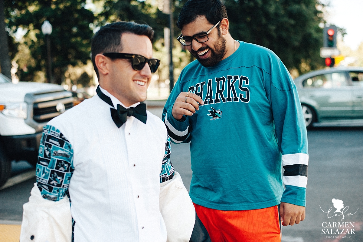 Sharks fan spots groom with Sharks dress shirt - Carmen Salazar Sharks fan spots groom with Sharks dress shirt - Carmen Salazar