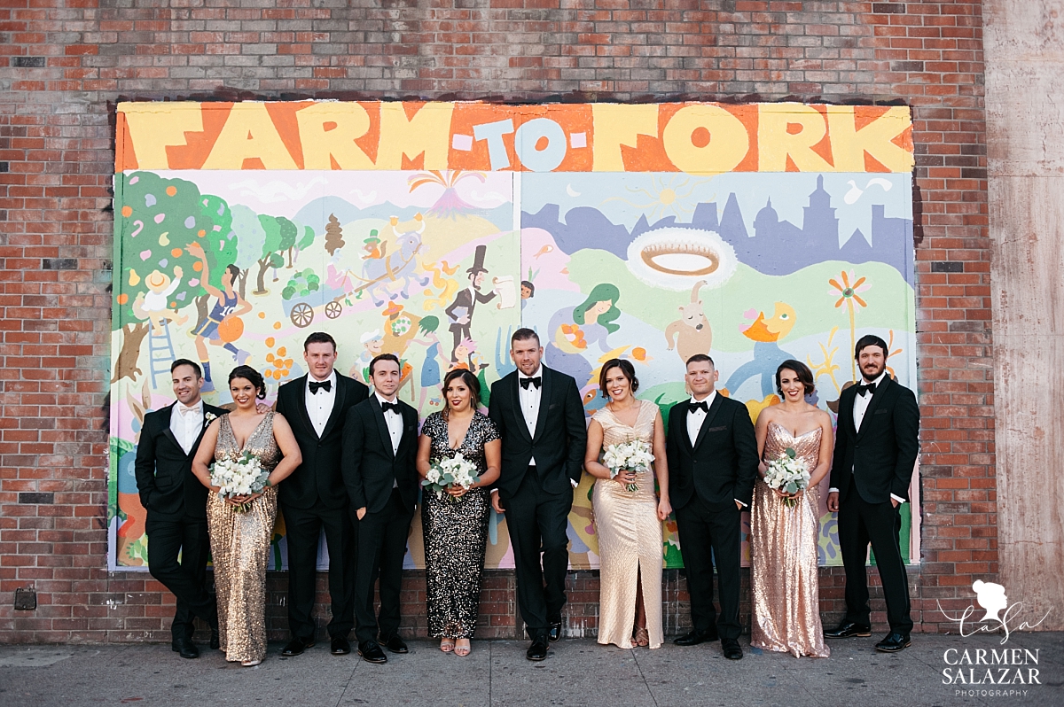 Colorful bridal party portraits with urban mural - Carmen Salazar Colorful bridal party portraits with urban mural - Carmen Salazar