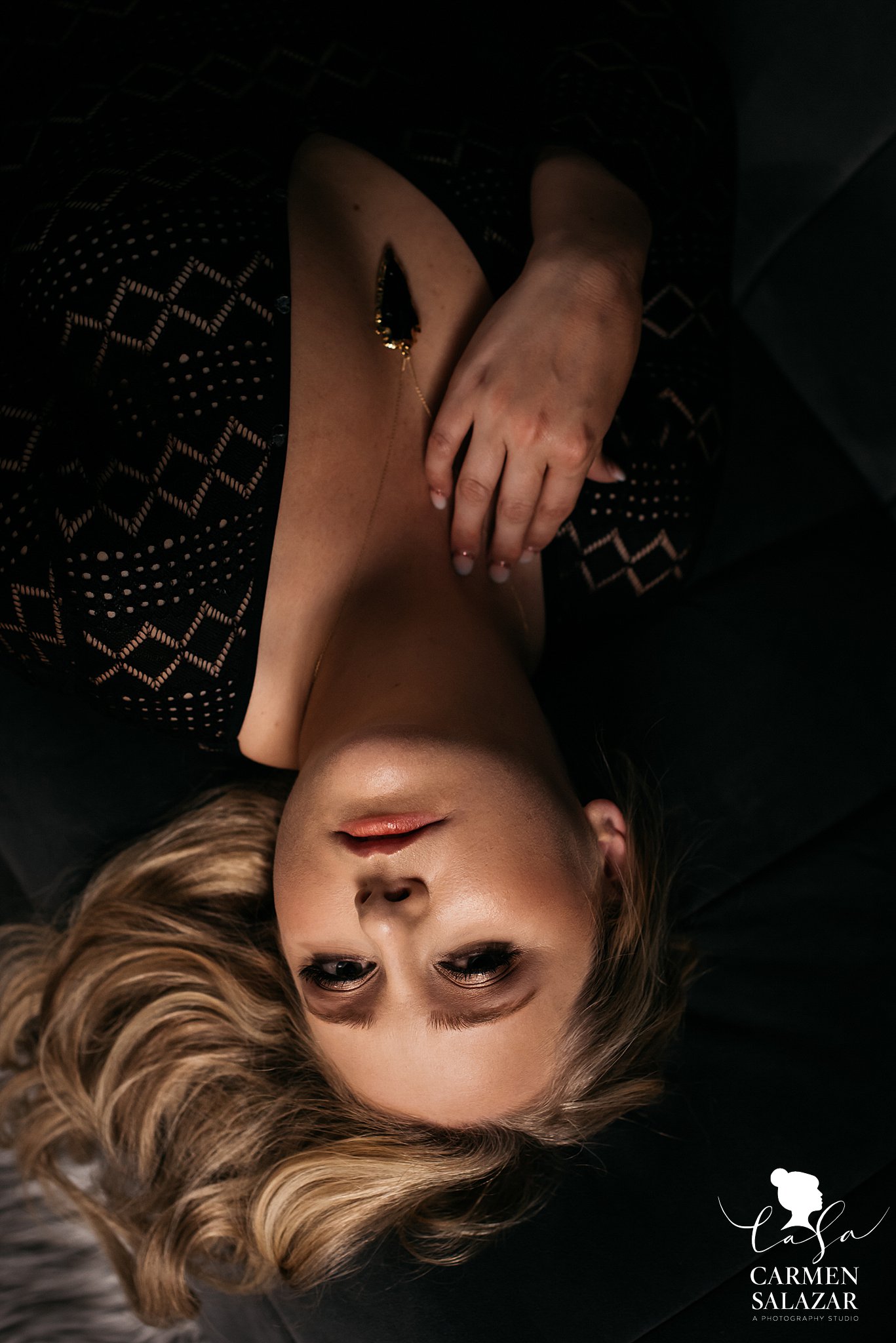 Sacramento Bridal Boudoir by Carmen Salazar Sultry boudoir photo with black lace bodysuit